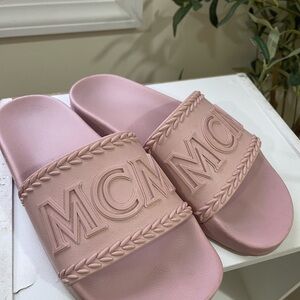 MCM Blush Pink Embossed Logo Slide Sandals